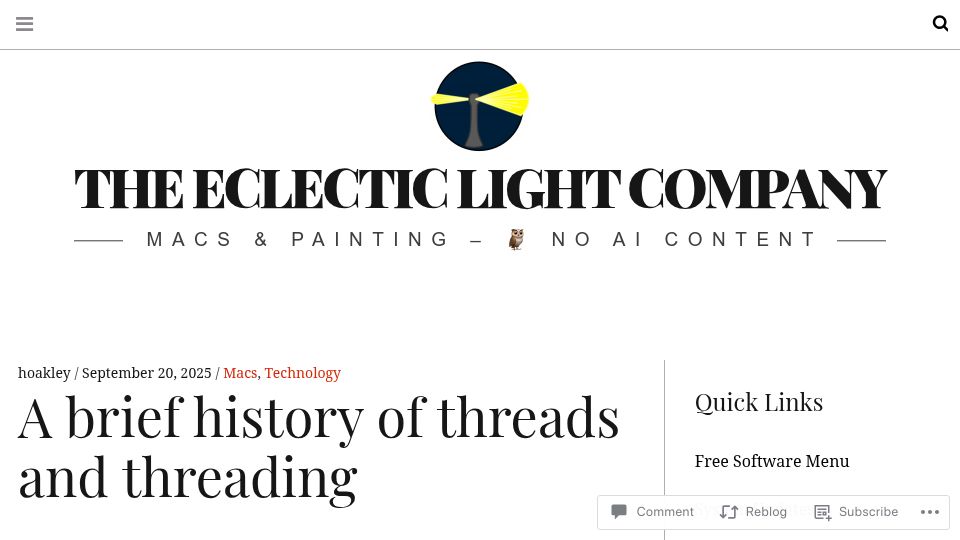 Screenshot of eclecticlight.co: A brief history of threads and threading