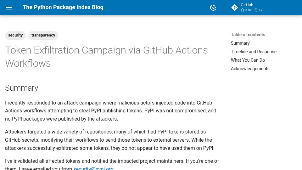 Screenshot of blog.pypi.org: PyPI Blog: Token Exfiltration Campaign via GitHub Actions Workflows