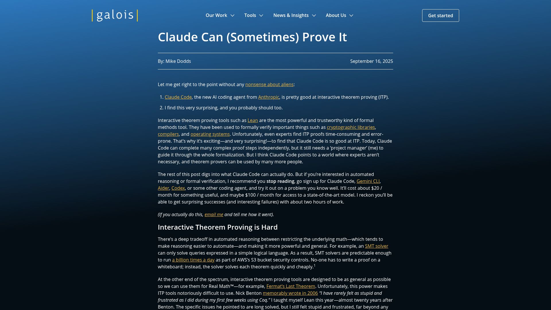 Screenshot of galois.com: Claude can sometimes prove it