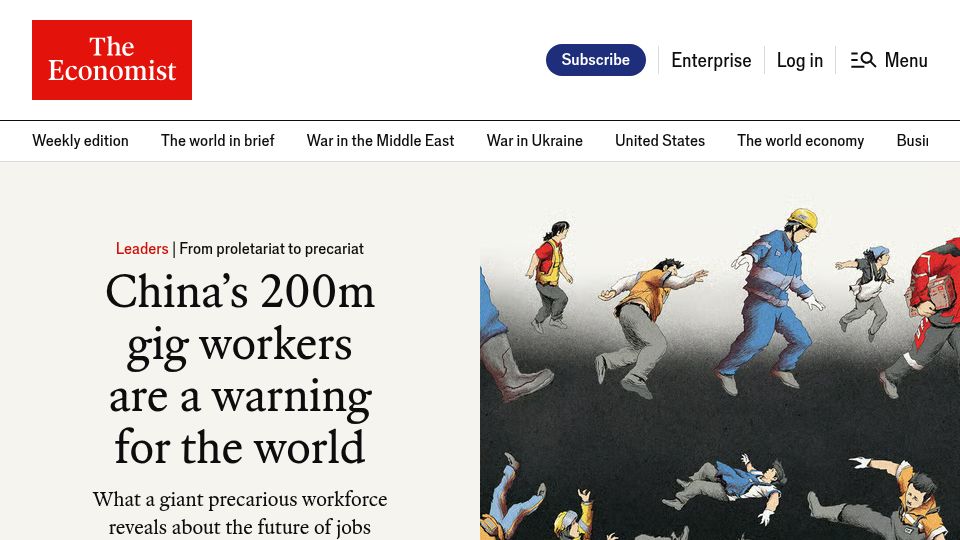 Screenshot of economist.com: China's 200M gig workers are a warning for the world