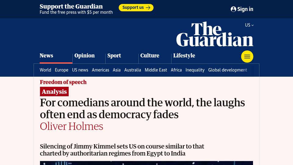 Screenshot of theguardian.com: For comedians around the world, the laughs often end as democracy fades