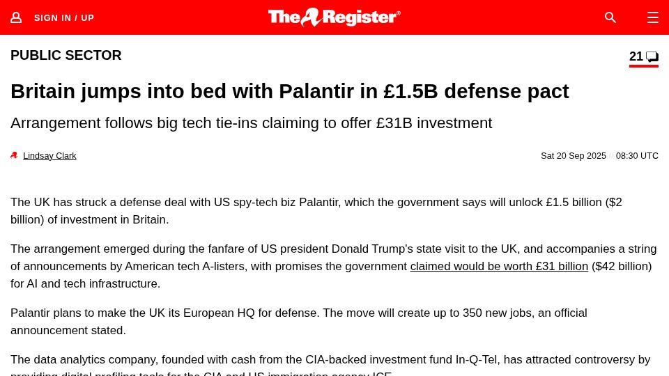Screenshot of theregister.com: Britain jumps into bed with Palantir in £1.5B defense pact