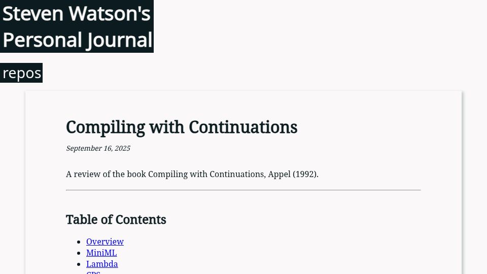 Screenshot of swatson555.github.io: Compiling with Continuations
