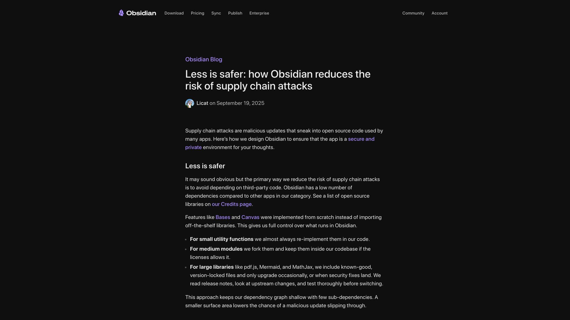 Screenshot of obsidian.md: Less is safer: Reducing the risk of supply chain attacks