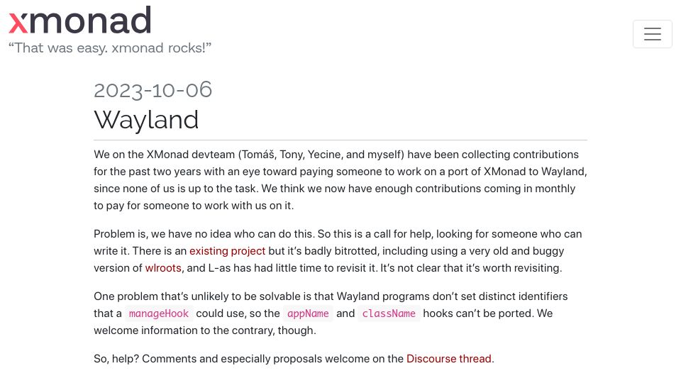 Screenshot of xmonad.org: Xmonad seeking help for Wayland port (2023)