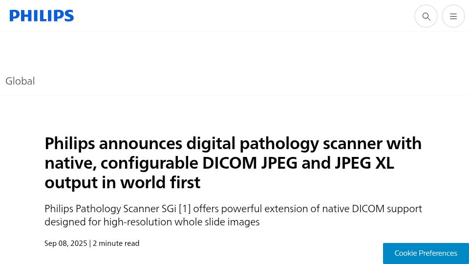 Screenshot of philips.com: Philips announces digital pathology scanner with native DICOM JPEG XL output