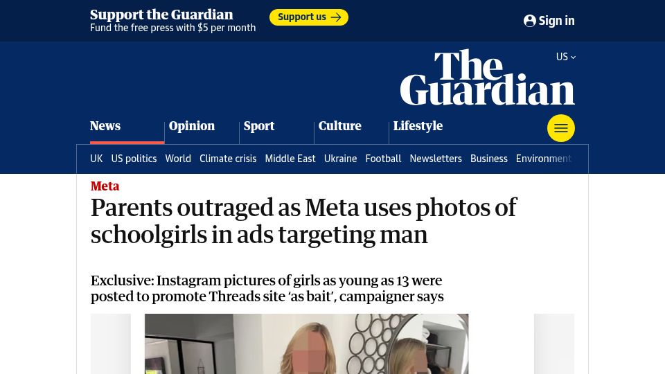 Screenshot of theguardian.com: Parents outraged as Meta uses photos of schoolgirls in ads targeting man