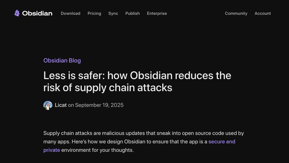 Screenshot of obsidian.md: Less is safer: Reducing the risk of supply chain attacks