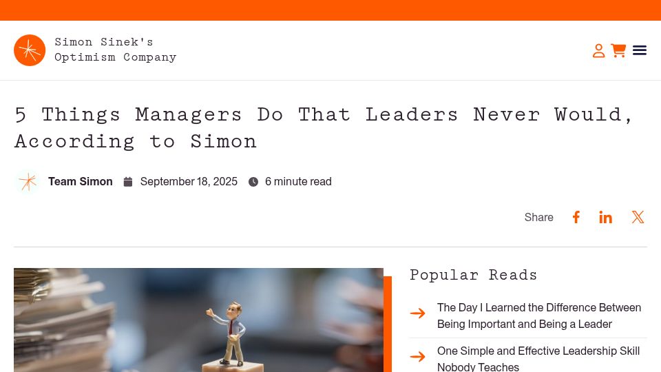 Screenshot of simonsinek.com: Things managers do that leaders never would