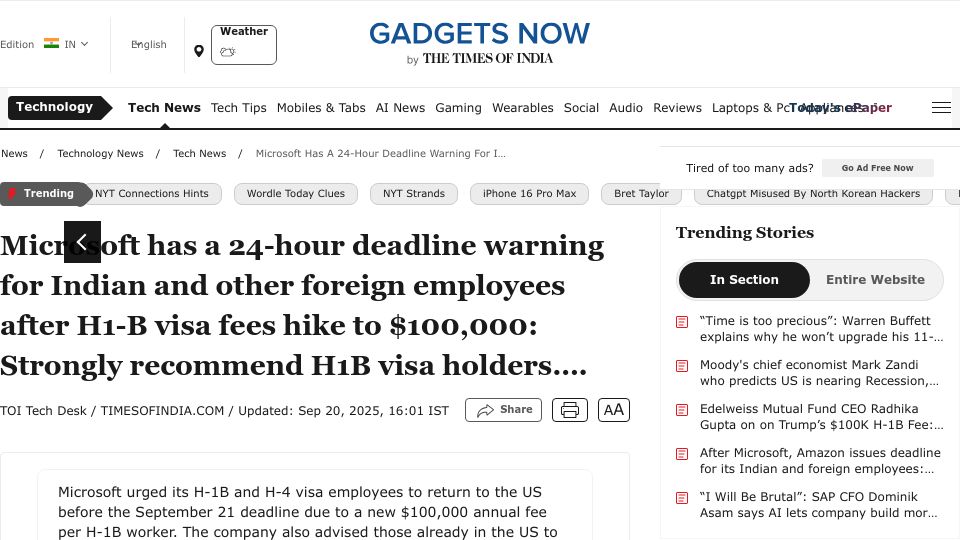 Screenshot of timesofindia.indiatimes.com: Visa holders on vacation have 15 hours to return to US or pay $100k fee