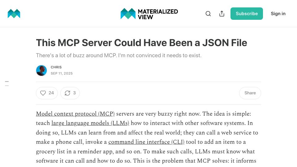 Screenshot of materializedview.io: MCP Server Could Have Been a JSON File
