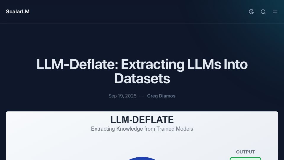 Screenshot of scalarlm.com: LLM-Deflate: Extracting LLMs into Datasets