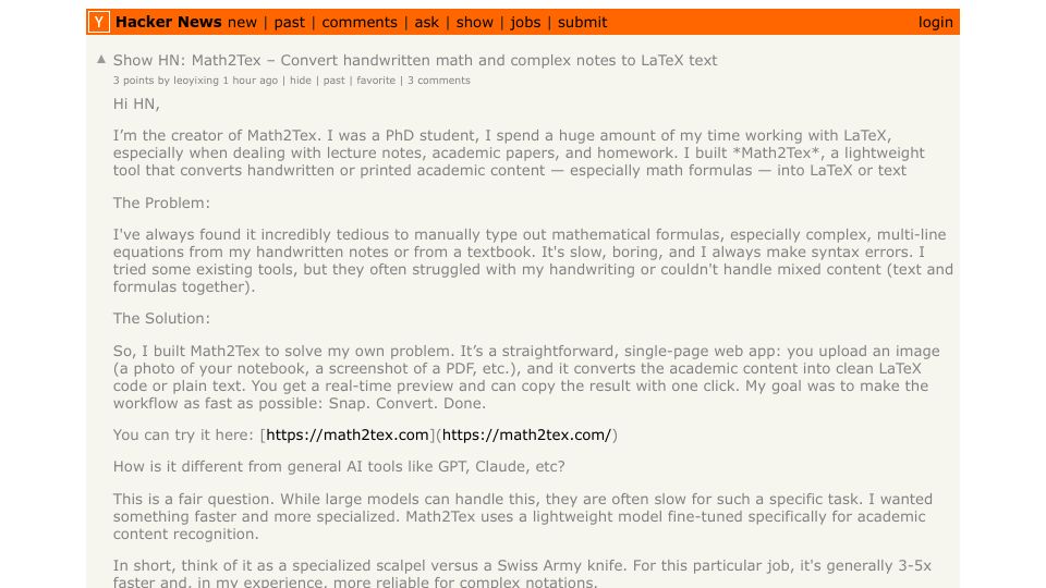 Screenshot of Hacker News post: Show HN: Math2Tex – Convert handwritten math and complex notes to LaTeX text