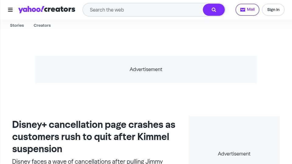 Screenshot of creators.yahoo.com: Disney+ cancellation page crashes as customers rush to quit
