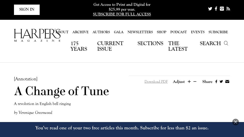 Screenshot of harpers.org: A revolution in English bell ringing