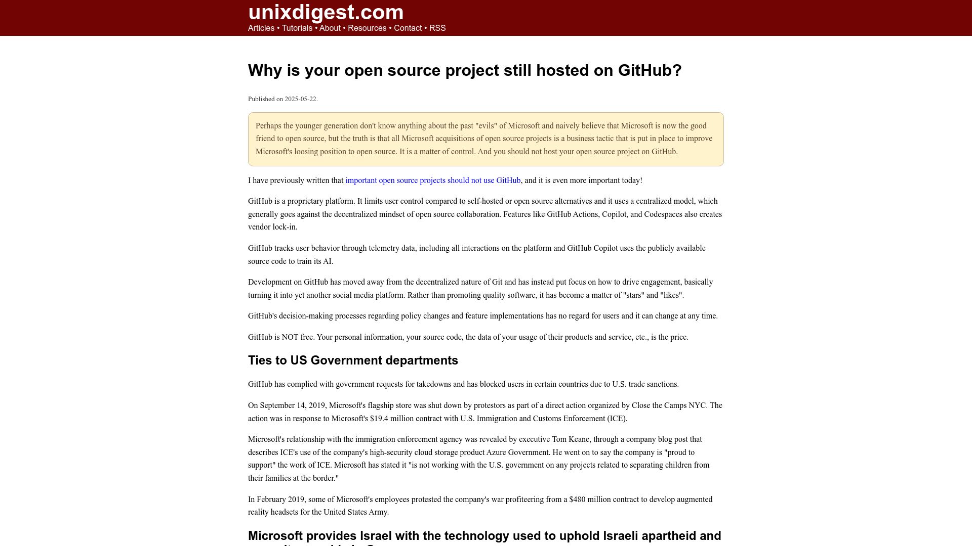 Screenshot of unixdigest.com: Why is your open source project still hosted on GitHub?