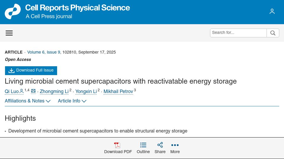 Screenshot of cell.com: Living microbial cement supercapacitors with reactivatable energy storage