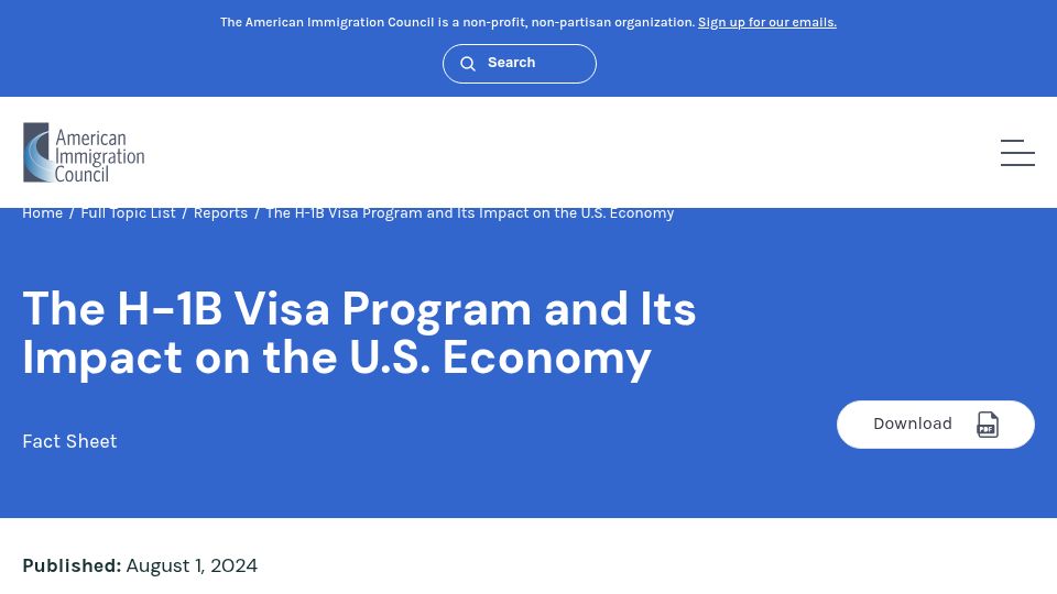 Screenshot of americanimmigrationcouncil.org: The H-1B Visa Program and Its Impact on the U.S. Economy