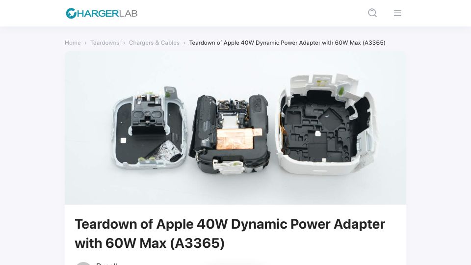 Screenshot of chargerlab.com: Teardown of Apple 40W dynamic power adapter with 60W max
