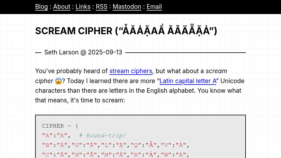 Screenshot of sethmlarson.dev: Scream cipher