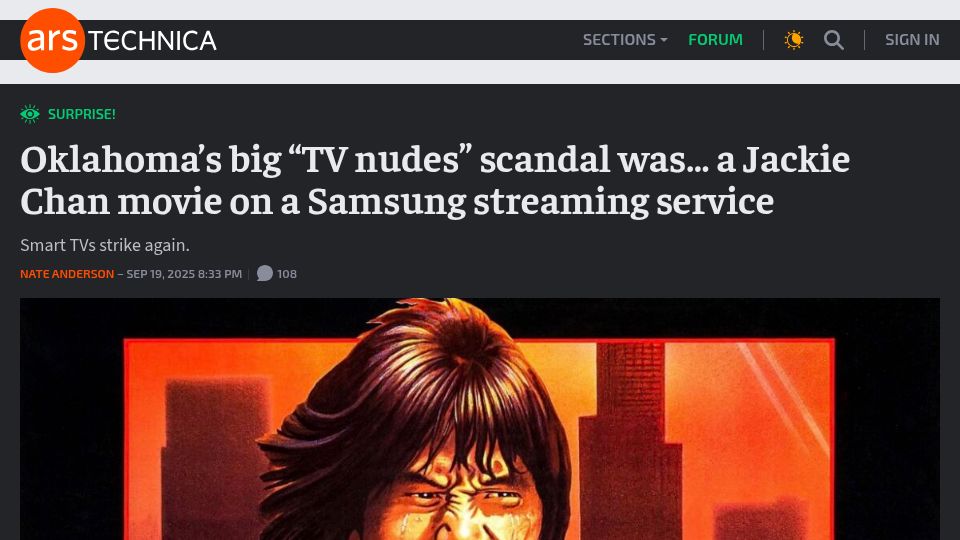 Screenshot of arstechnica.com: Oklahoma's "TV nudes" scandal was Jackie Chan movie on Samsung streaming service