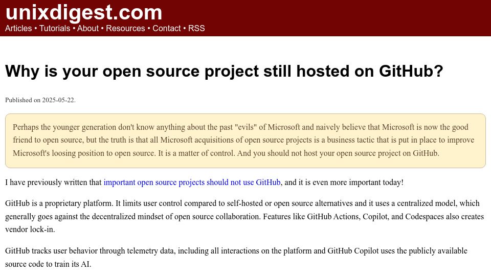 Screenshot of unixdigest.com: Why is your open source project still hosted on GitHub?