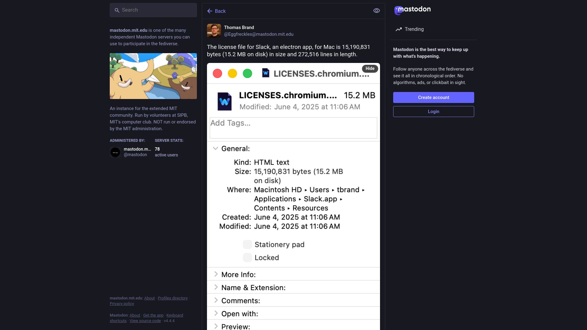 Screenshot of mastodon.mit.edu: Did you read the quarter-million-line license for your Slack app?