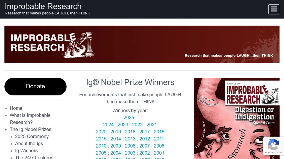 Screenshot of improbable.com: IG Nobel Prize Winners 2025