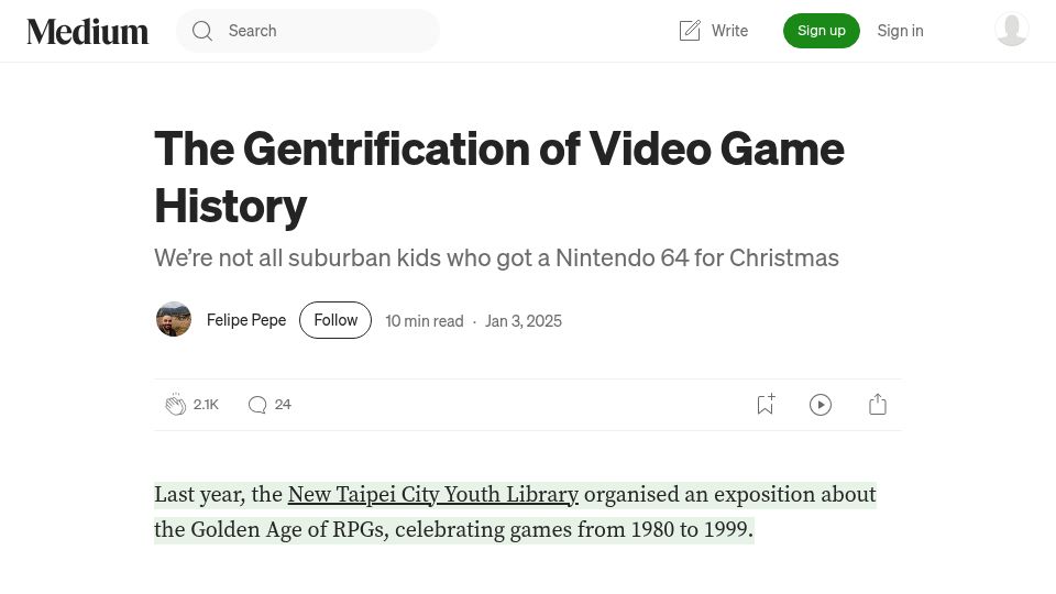Screenshot of felipepepe.medium.com: The Gentrification of Videogame History
