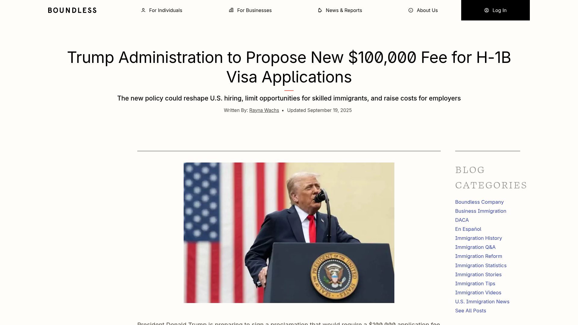 Screenshot of boundless.com: H1Bs will start costing $100k/yr