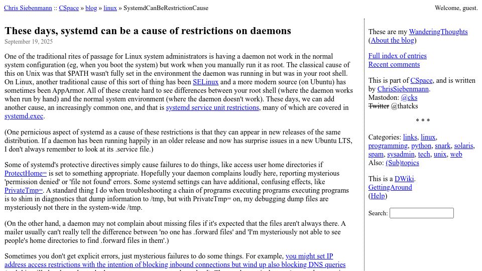 Screenshot of utcc.utoronto.ca: Systemd can be a cause of restrictions on daemons