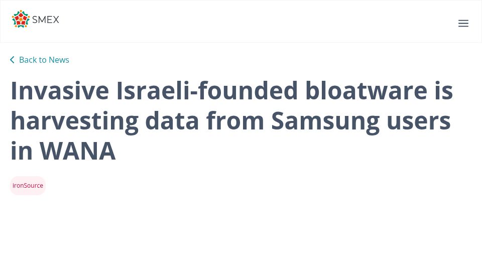 Screenshot of smex.org: Invasive Israeli-founded bloatware is harvesting data from Samsung users in WANA