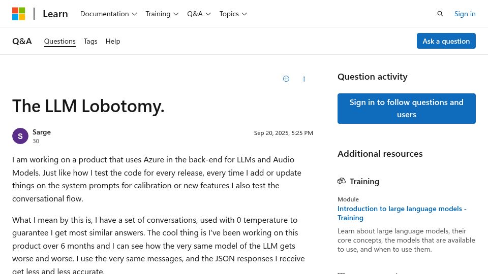 Screenshot of learn.microsoft.com: The LLM Lobotomy?