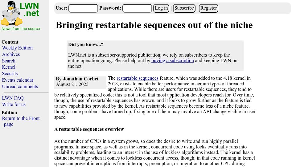 Screenshot of lwn.net: Bringing restartable sequences out of the niche