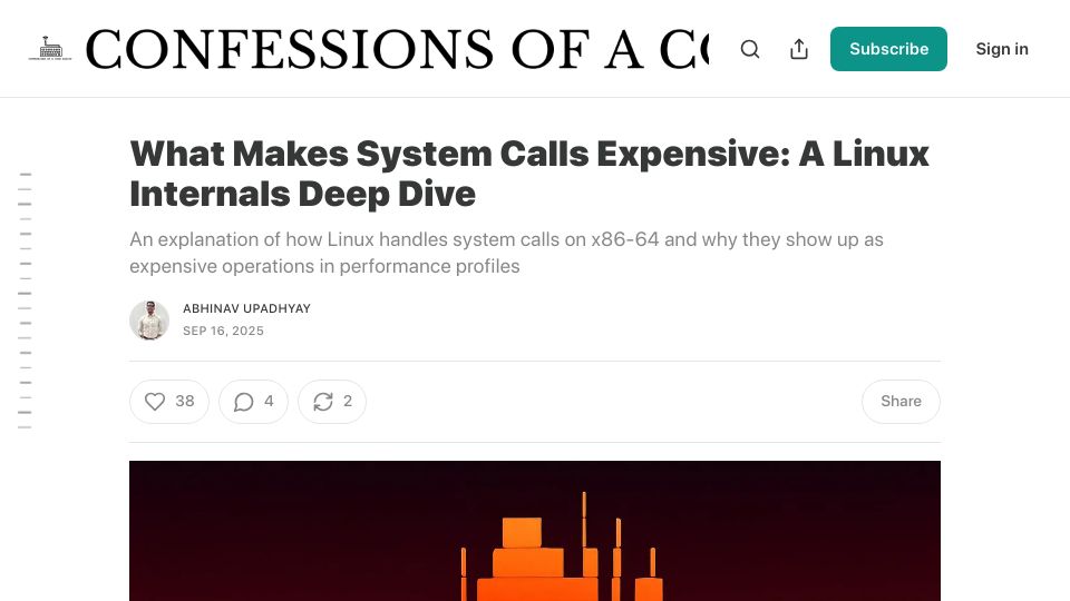 Screenshot of blog.codingconfessions.com: What Makes System Calls Expensive: A Linux Internals Deep Dive