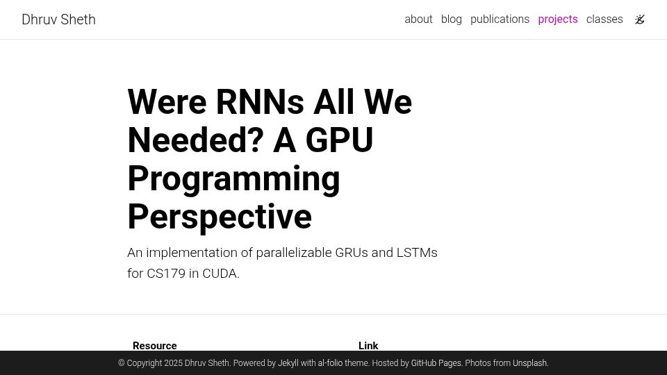 Screenshot of dhruvmsheth.github.io: Were RNNs all we needed? A GPU programming perspective