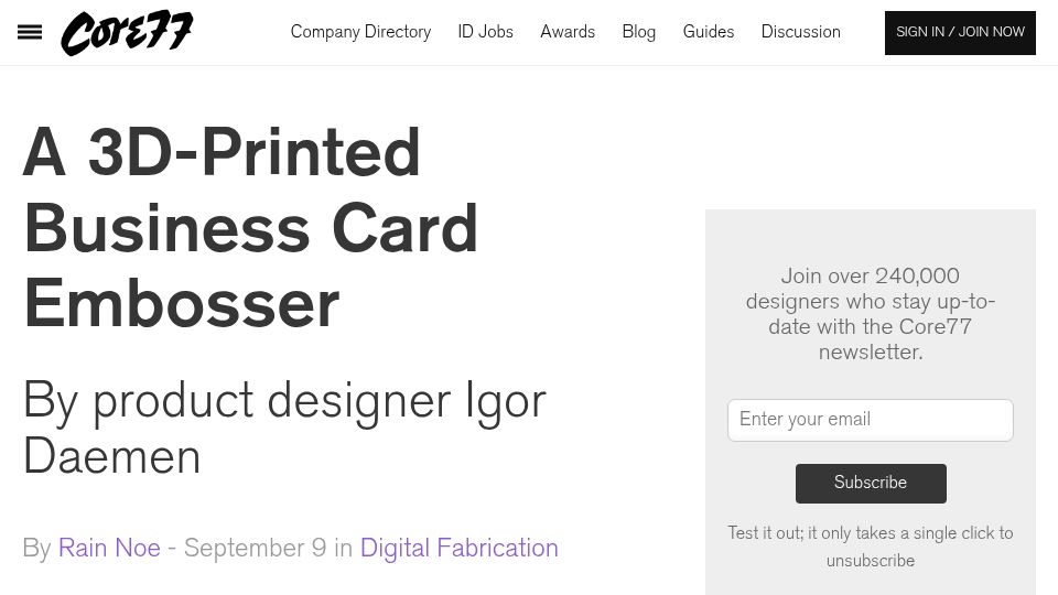 Screenshot of core77.com: A 3D-Printed Business Card Embosser