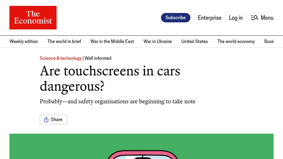 Screenshot of economist.com: Are touchscreens in cars dangerous?