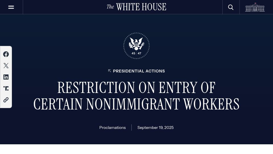 Screenshot of whitehouse.gov: Restriction on Entry of Certain Nonimmigrant Workers