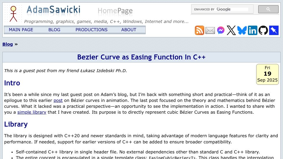 Screenshot of asawicki.info: Bezier Curve as Easing Function in C++