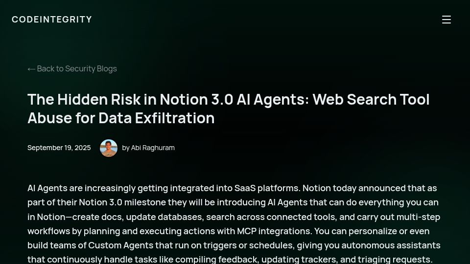 Screenshot of codeintegrity.ai: Hidden risk in Notion 3.0 AI agents: Web search tool abuse for data exfiltration