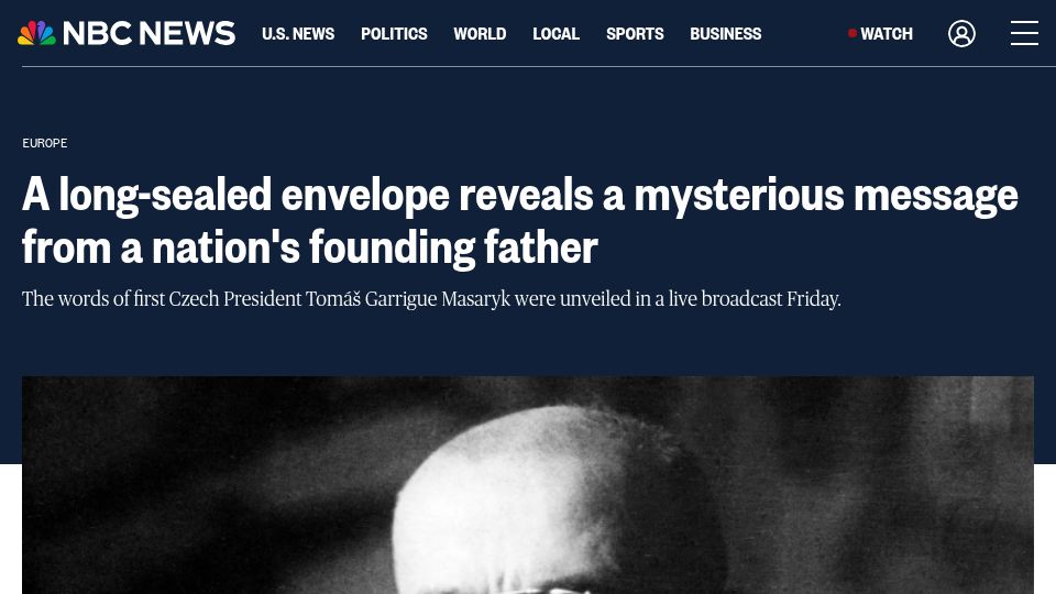 Screenshot of nbcnews.com: Czech founding father Masaryk's message revealed in long-sealed envelope
