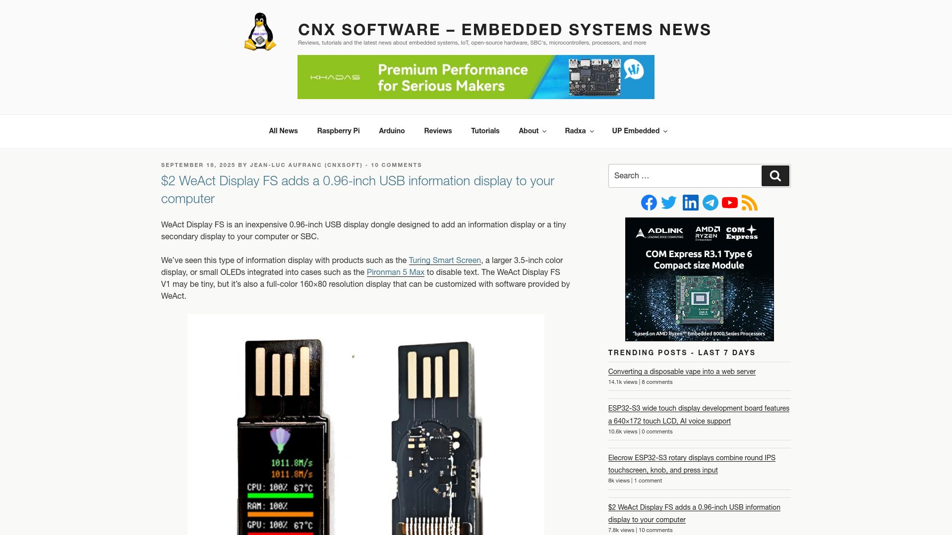 Screenshot of cnx-software.com: $2 WeAct Display FS adds a 0.96-inch USB information display to your computer