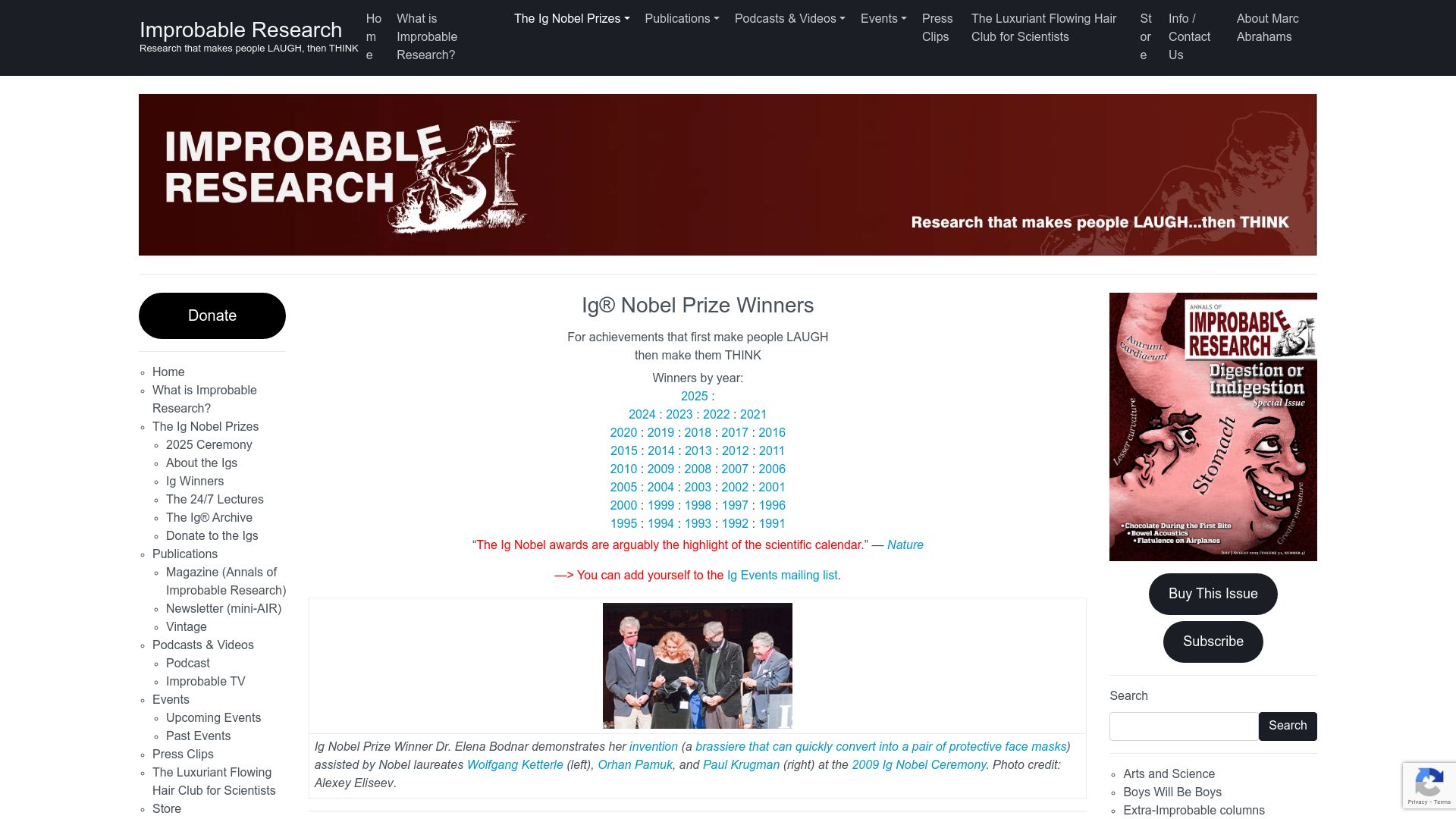 Screenshot of improbable.com: IG Nobel Prize Winners 2025