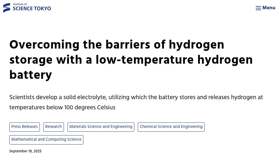 Screenshot of isct.ac.jp: Overcoming barriers of hydrogen storage with a low-temperature hydrogen battery