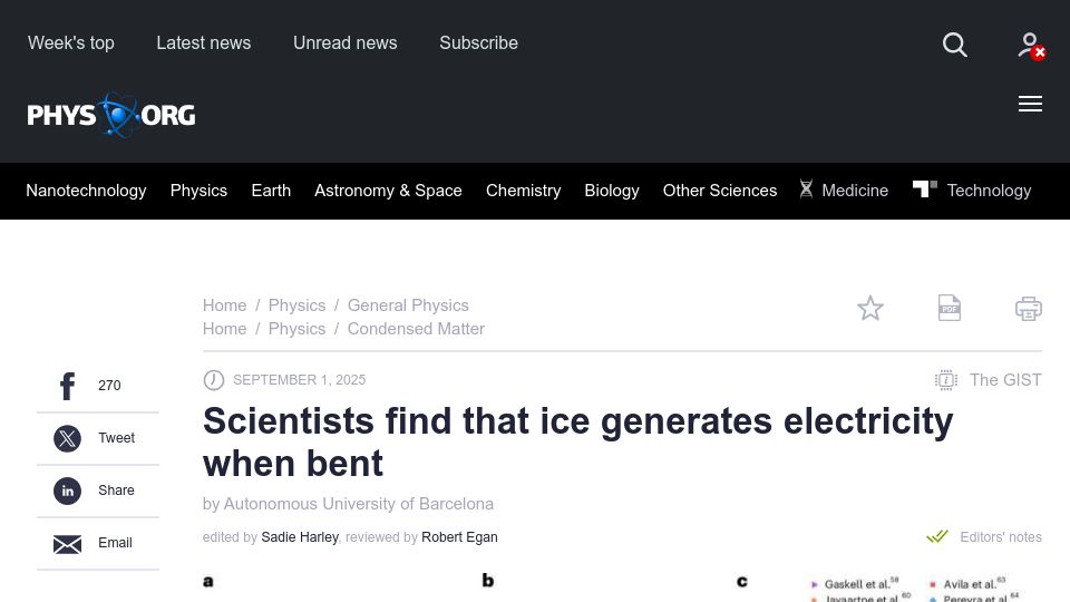 Screenshot of phys.org: Scientists find that ice generates electricity when bent