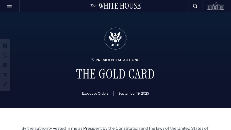 Screenshot of whitehouse.gov: The Gold Card