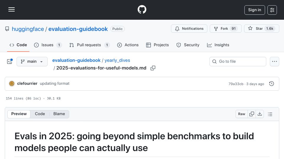 Screenshot of github.com: Evals in 2025: going beyond simple benchmarks to build models people can use