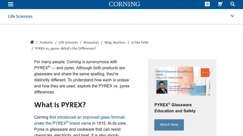 Screenshot of corning.com: PYREX vs. pyrex: What's the difference?