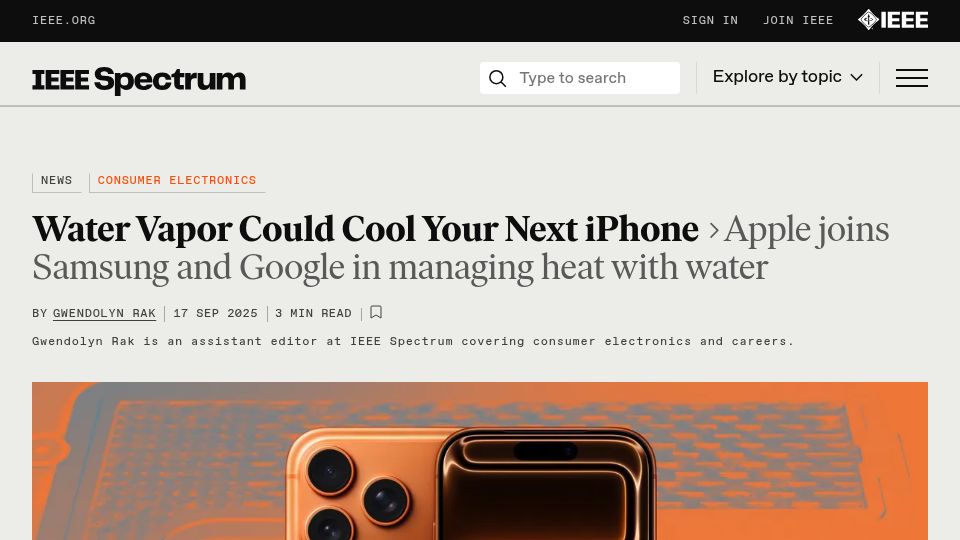 Screenshot of spectrum.ieee.org: Vapor chamber tech keeps iPhone 17 Pro cool
